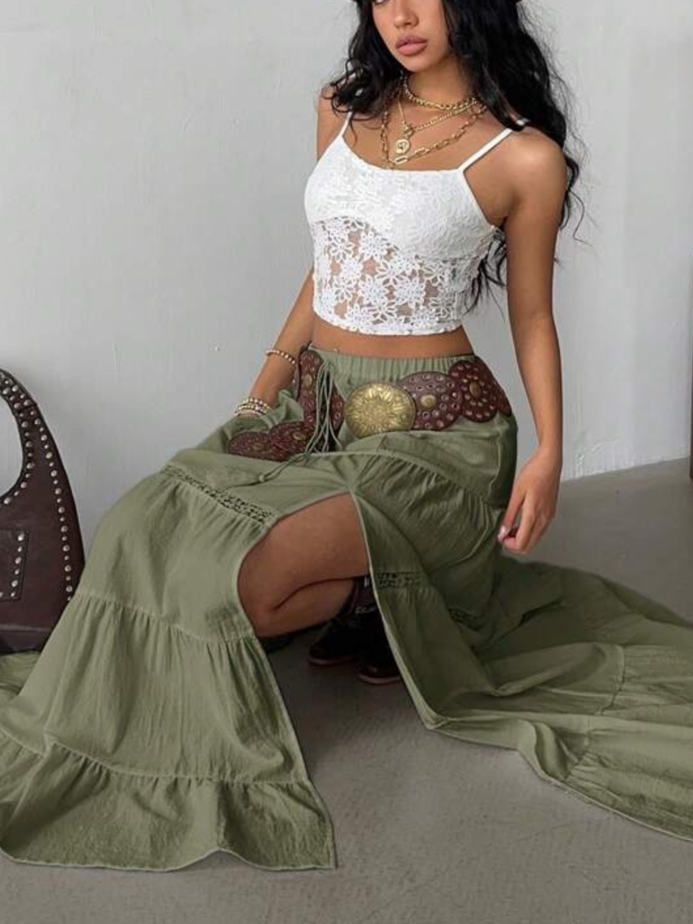 Tiered Green Maxi Skirt with Side Slit - Picture 5 of 5